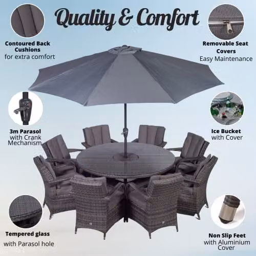 Thats Furniture Giardino Arizona 8 Seater Rattan Garden Dining Set with Ice Bucket Drinks Cooler in Grey and Brown, Diameter: 155 cm – 2