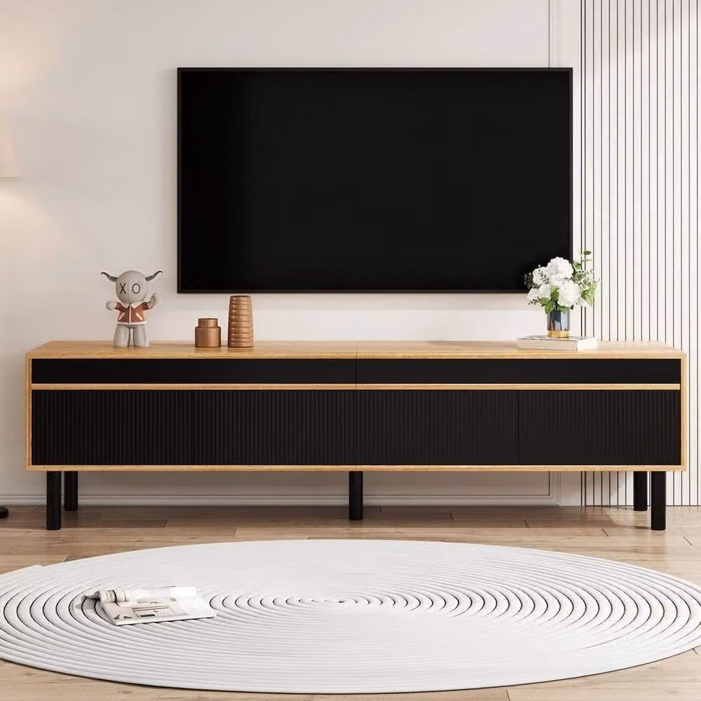 KORVIXA Mid Century Modern 4-Door Large TV Stand Media Storage Unit, Black, W/D/H: 100 x 100 x 100 cm – 3