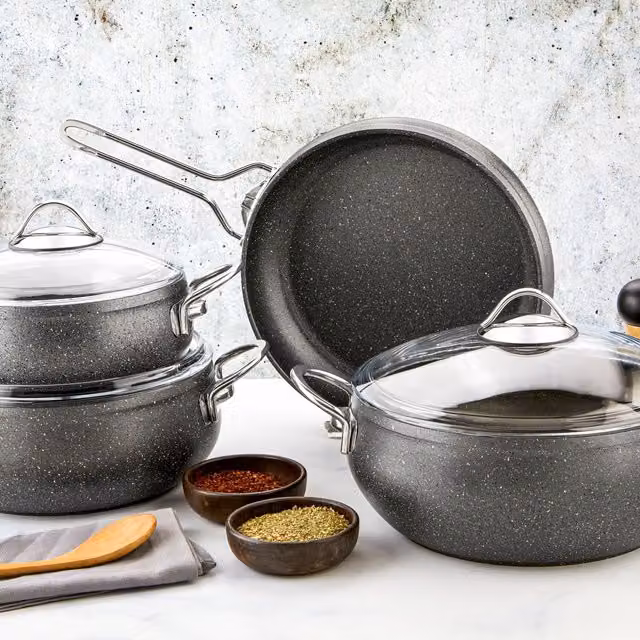 Evimsaray Alya Series 7-Piece Non-Stick Granite Cookware Set with Glass Lids in Grey