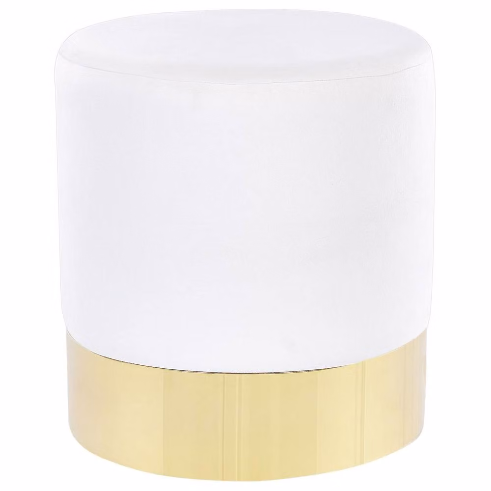 Wyld and Coco White Velvet Round Footstool with Gold Metal Frame – 2