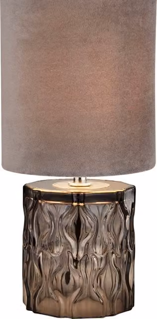 Smoked Glass Table Lamp with Grey Velvet Fabric Shade