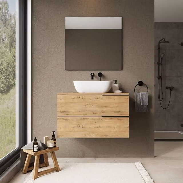 Banyetti Celtic Wall Hung Bathroom Vanity Unit with Matching Worktop in Light Oak, W/D/H: 80 x 45 x 48 cm – 1