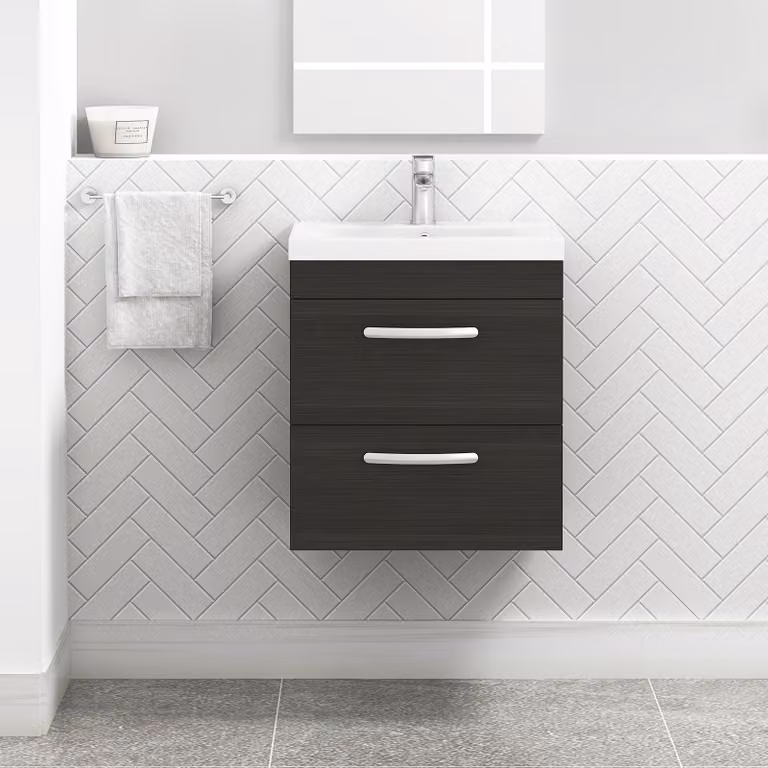 Royal Bathrooms Turin Charcoal Oak 2 Drawer Wall Hung Vanity Unit with Mid-Edge Basin