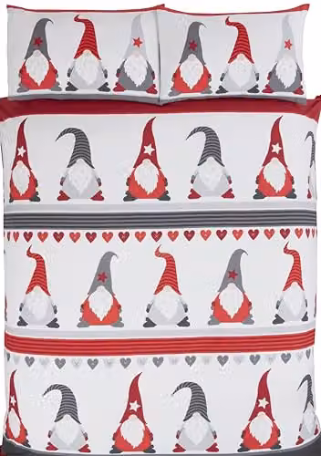 Rapport Home Festive Gonks Christmas Duvet Cover and Pillowcase Set, White, Single, Duvet Cover: 135 x 200 cm, Pillowcase: 50 x 75 cm