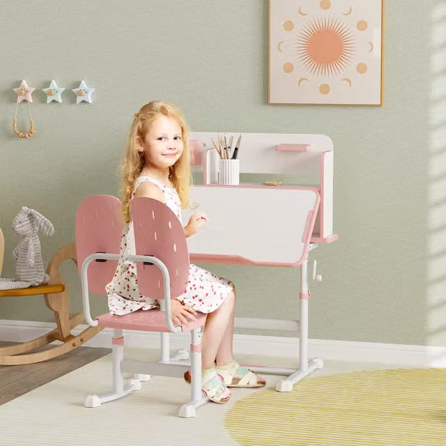 AIYAPLAY Kids Desk and Chair Set in Pink with Tilting Desktop and Reading Rack