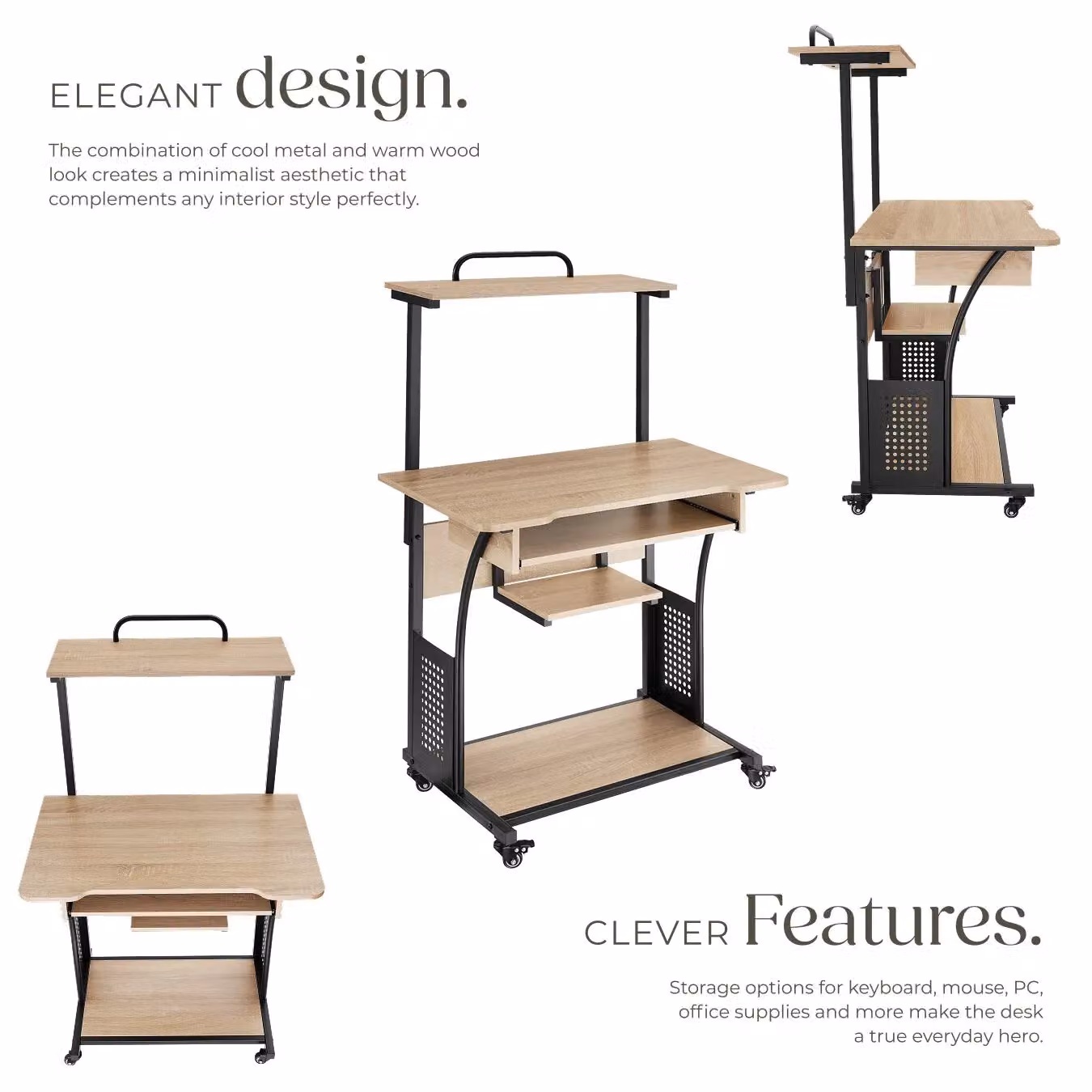 tectake Fife Computer Desk with 3 Levels, Attachable Shelf, Keyboard Tray and 4 Castors in Light Oak – 3