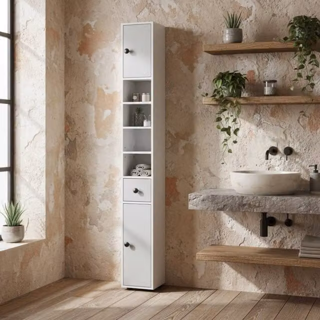 Wyld Haus Pabaha Tall Slim Bathroom Storage Cabinet, Light Grey, H 180 x W 20 x D 20 cm