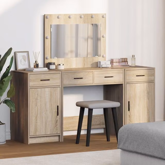 Berkfield Home 3 Piece Modern Dressing Table Set with LED in Sonoma Oak