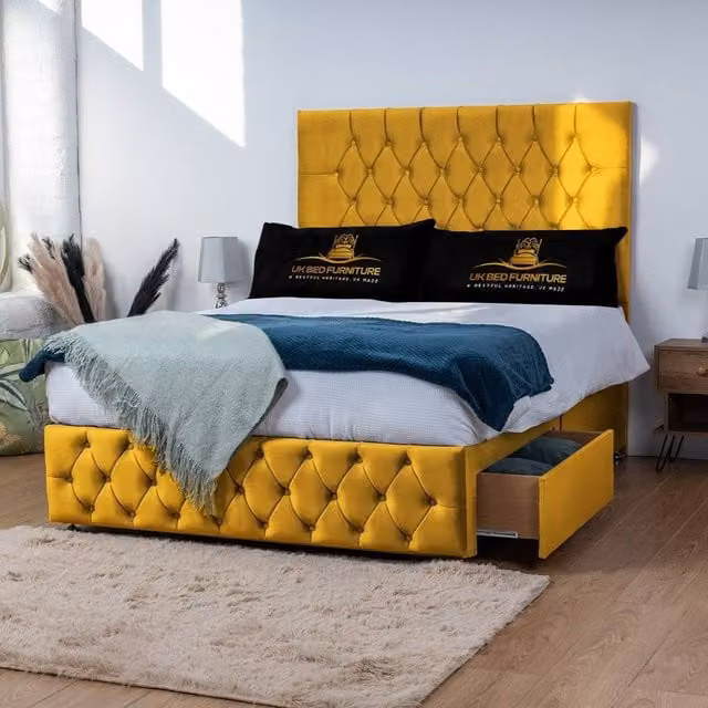UK Bed Furniture Monaco Divan Bed with 2 Drawers and 26 Inch Headboard, Yellow Velvet, Super King, W/D/H: 200 x 200 cm