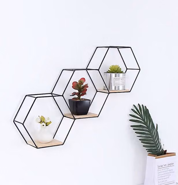 Livingandhome Industrial Floating Pine Wood Wall Mounted Shelf with Metal Frame, Black, Width: 59.5 cm