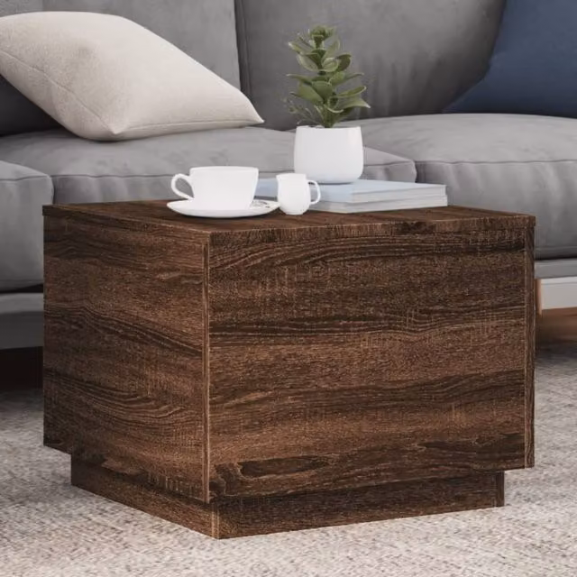Berkfield Home Modern Square Coffee Table in Brown Oak with LED Lights, W/D/H: 50 x 50 x 40 cm
