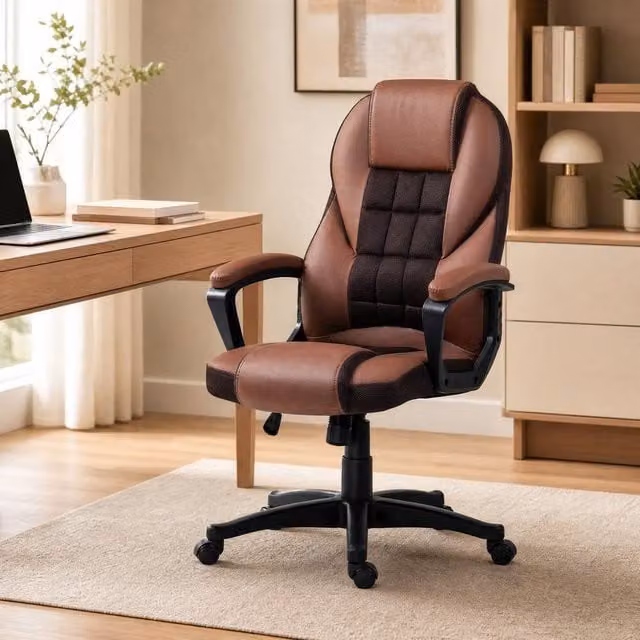 STILVORA Brown Faux Leather Swivel Task Chair with Adjustable Height and Armrests – 1