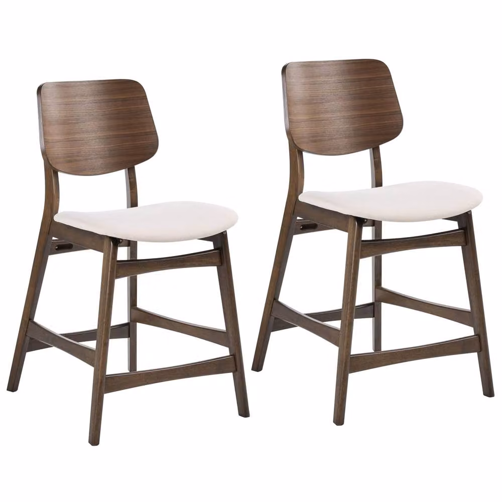 Wyld and Coco Set of 2 Retro Bar Chairs in Brown and White Boucle with Rubberwood Legs – 2