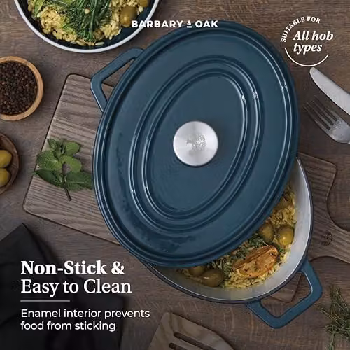Barbary & Oak Nattura Oval Cast Iron Casserole with Enamel Interior and Self Basting Lid, Agave, 4.3 l – 3