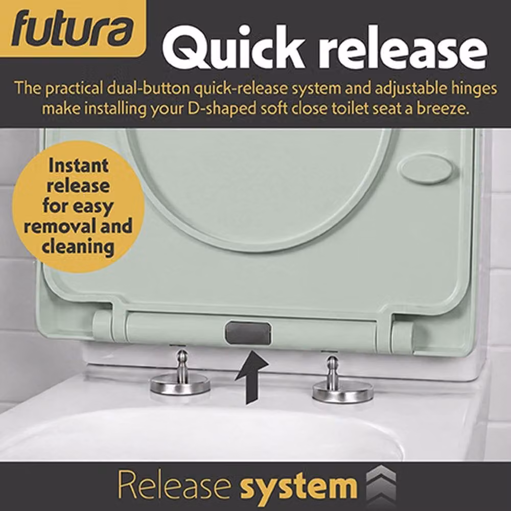 Futura D-Shaped Soft Close Toilet Seat in Pale Green, Premium Thermoplastic with Quick Release and Removable Features, 50 cm – 2