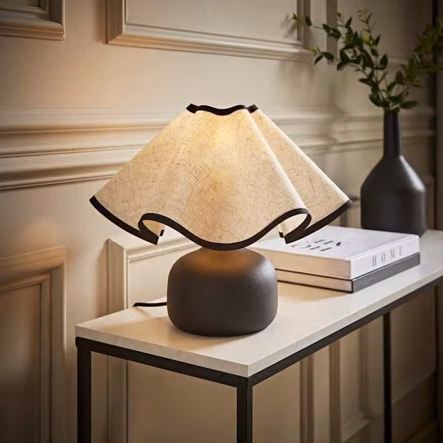 Emilia Ceramic Table Lamp with Beige Linen Wave Shade in Black