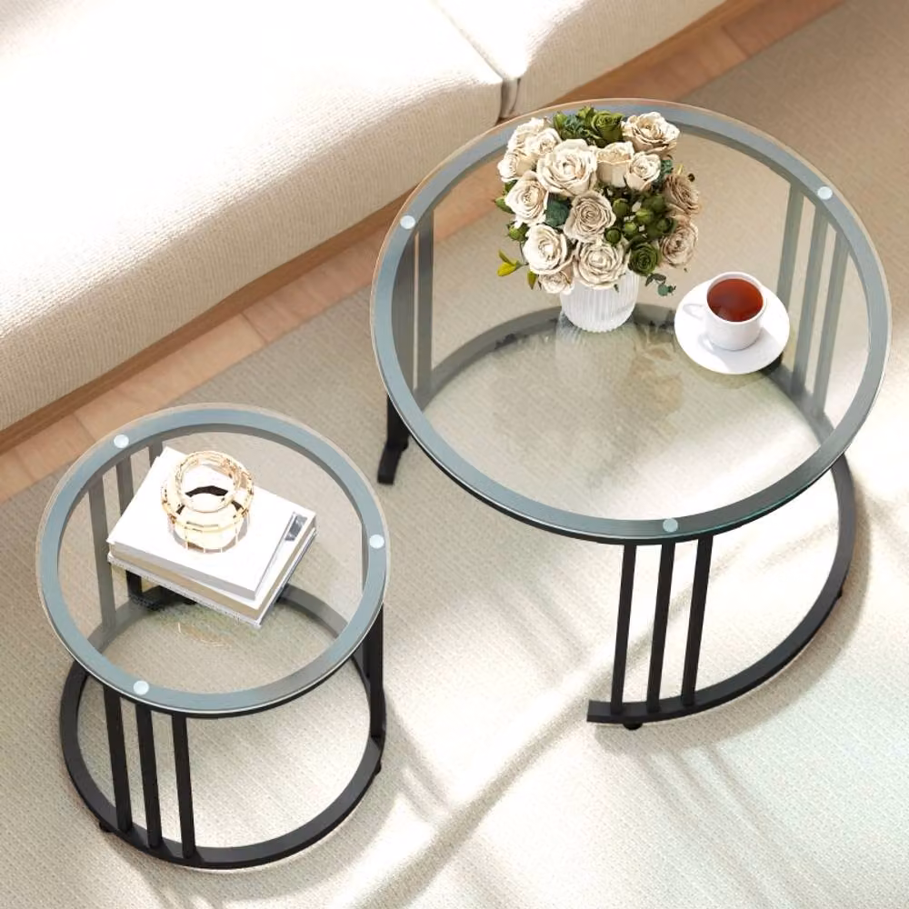 STILVORA Set of 2 Round Nesting Coffee Tables with Black Glass Tops – 8