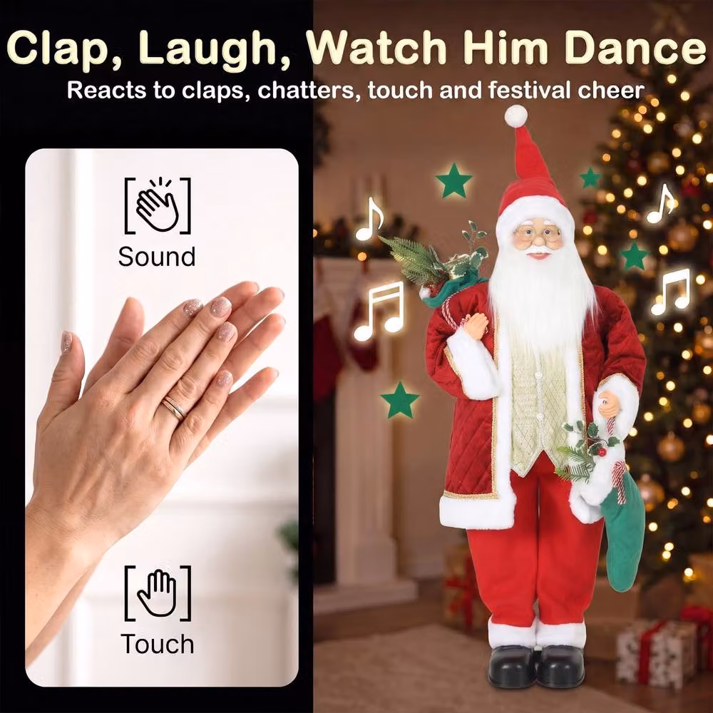 HOMCOM Singing and Dancing Christmas Santa Claus with Stocking and Sack in Red and Gold, Height: 120 cm – 5