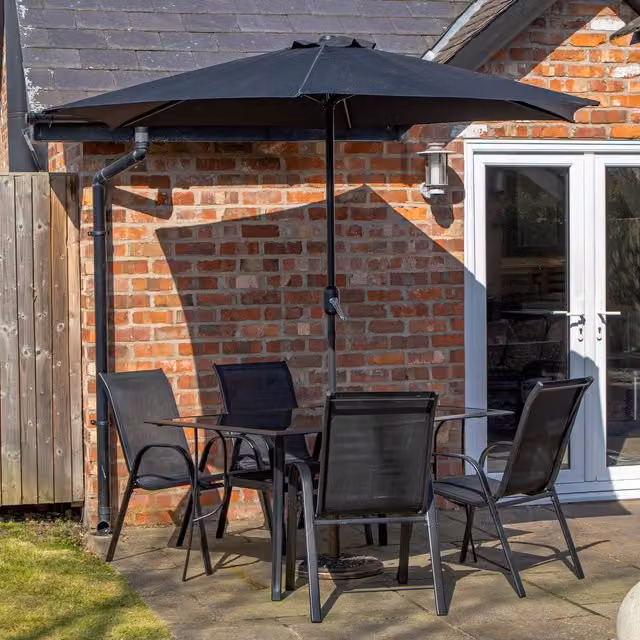 Samuel Alexander Modern 4 Person Rectangular Glass Patio Table and Chairs Set with Black Parasol and Base