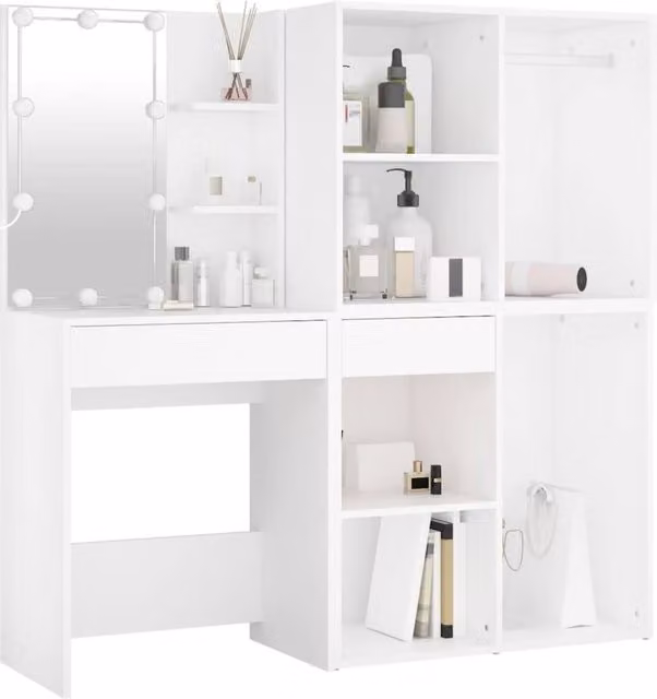 Berkfield Home Hollywood LED Dressing Table in White with 2 Cabinets, W/D/H: 140 x 40 x 60 cm – 1