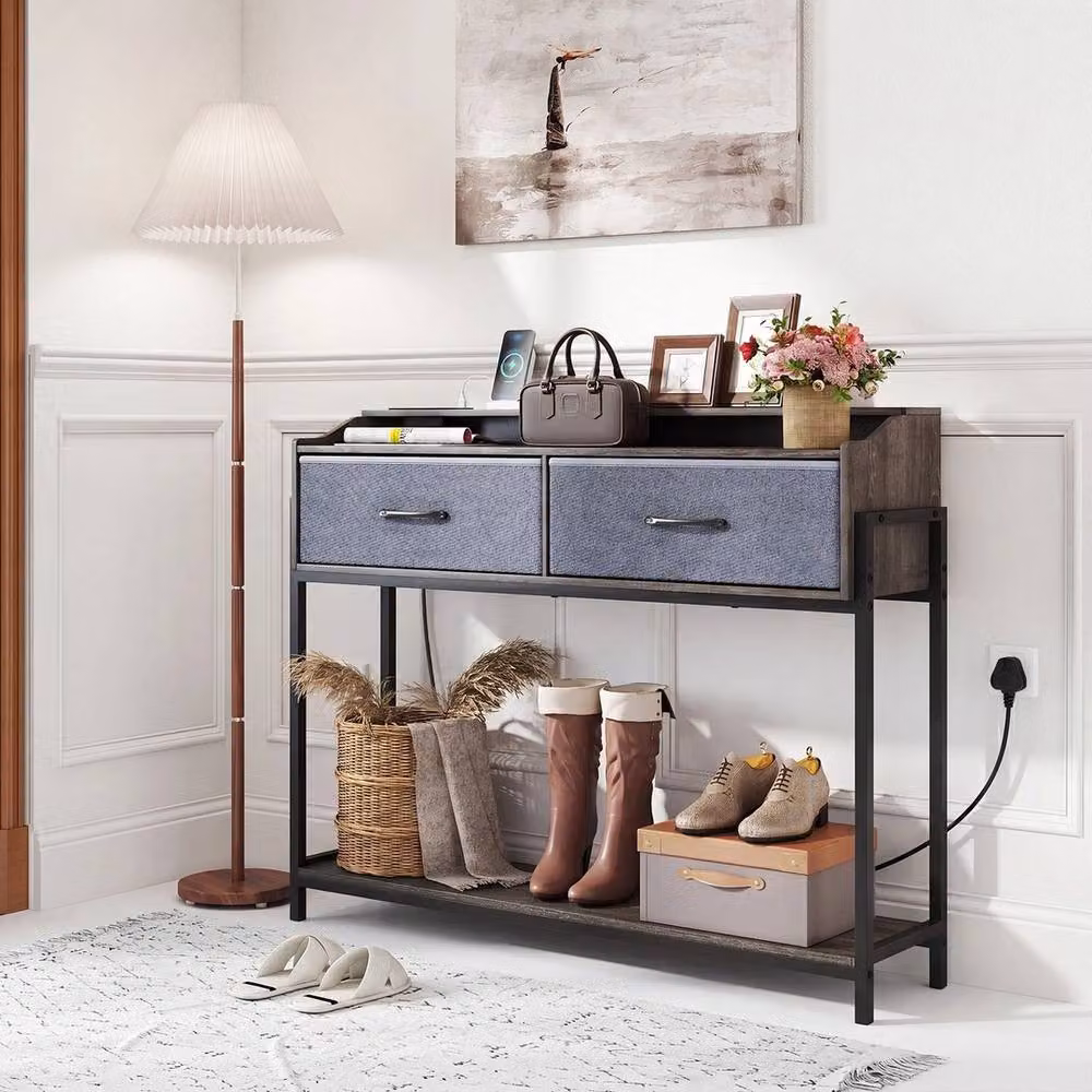 FORGEVIO Industrial Grey Narrow Entryway Console Table with 2 Drawers, W: 130 cm, D: 30 cm, H: 88 cm – 3