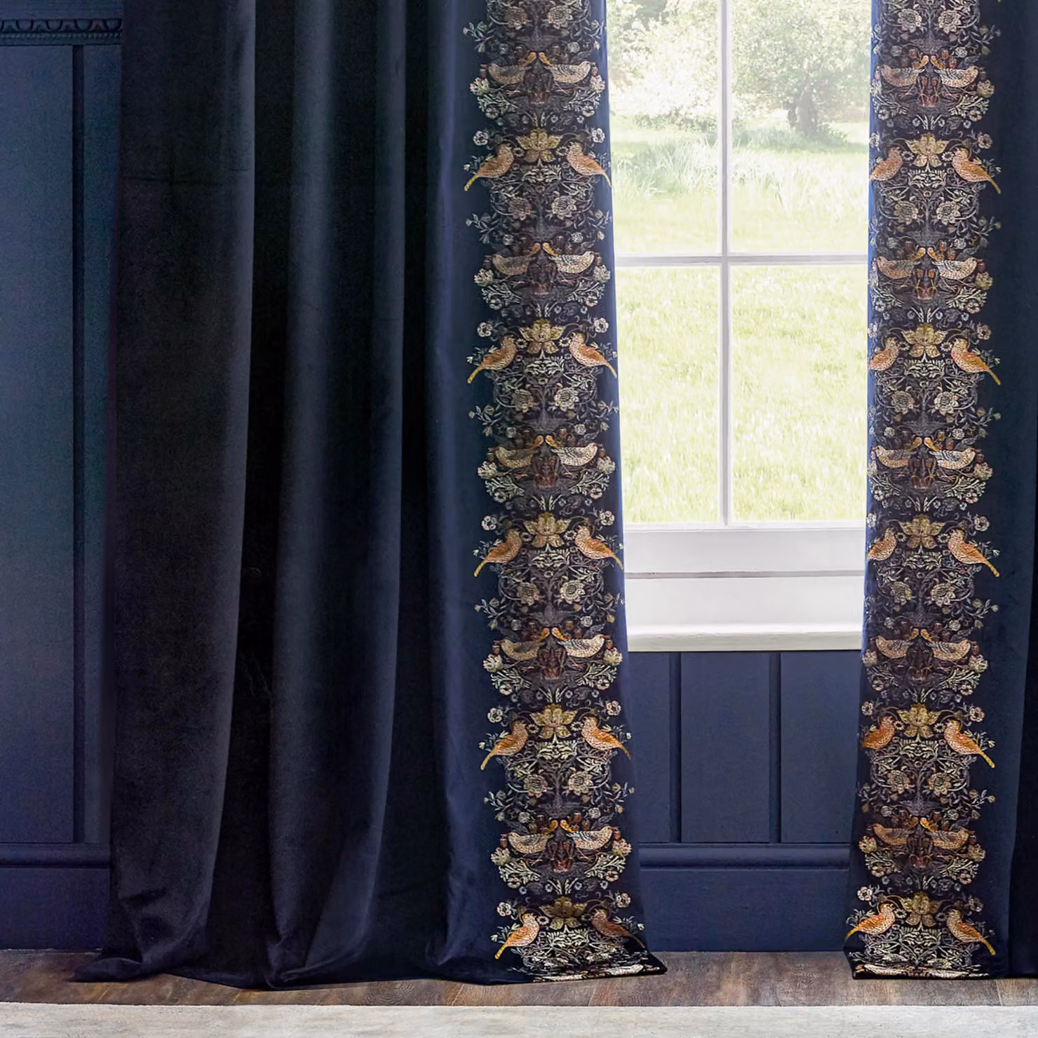 Morris & Co. Strawberry Thief Embroidered Velvet Pencil Pleat Curtains, Indigo, Width: 168 cm, Drop: 229 cm – 4