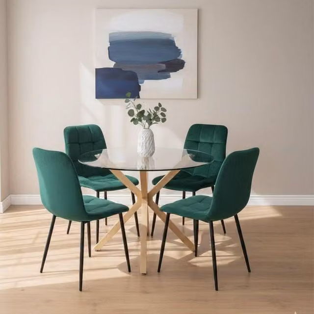 Kosy Koala Round Glass Dining Table Set with 4 Green Velvet Chairs