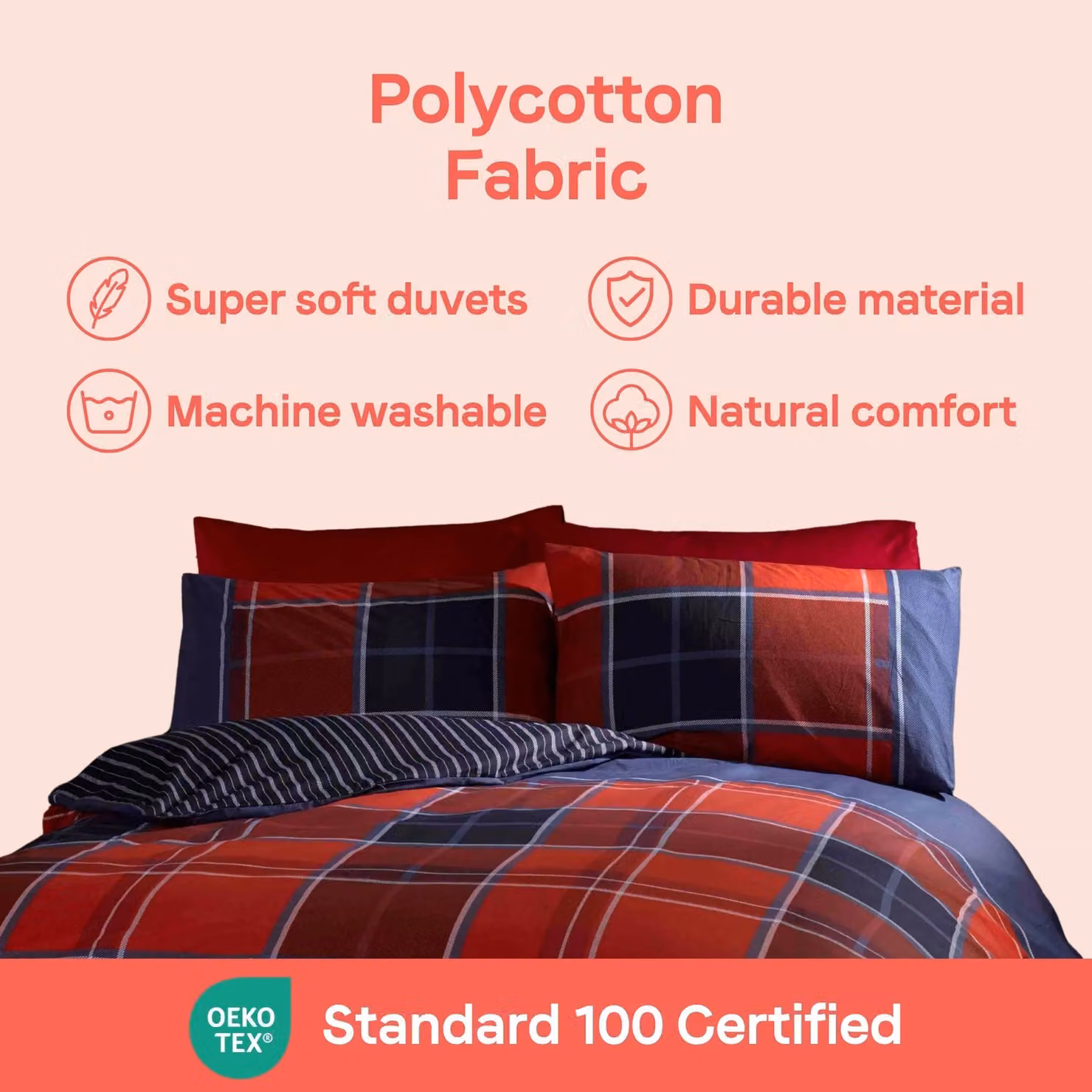 Rapport Home Argyle Red Tartan Check Polycotton Reversible Single Duvet Cover and Pillowcase Set, W/D/H: 135 x 200 cm and 50 x 75 cm – 5