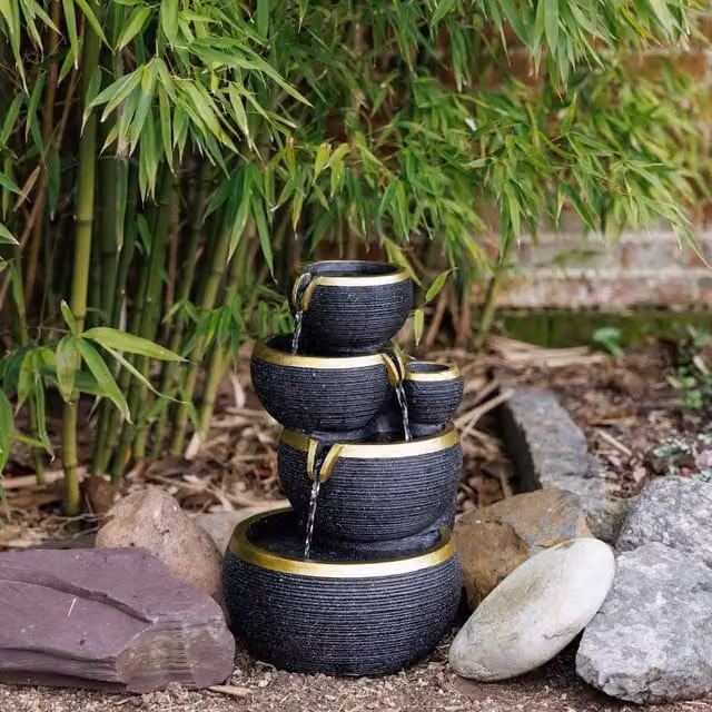 Primrose Solar Powered 3 Tier Stacked Bowls Water Feature Cascade with LED Lights, Black and Gold, Height: 46 cm