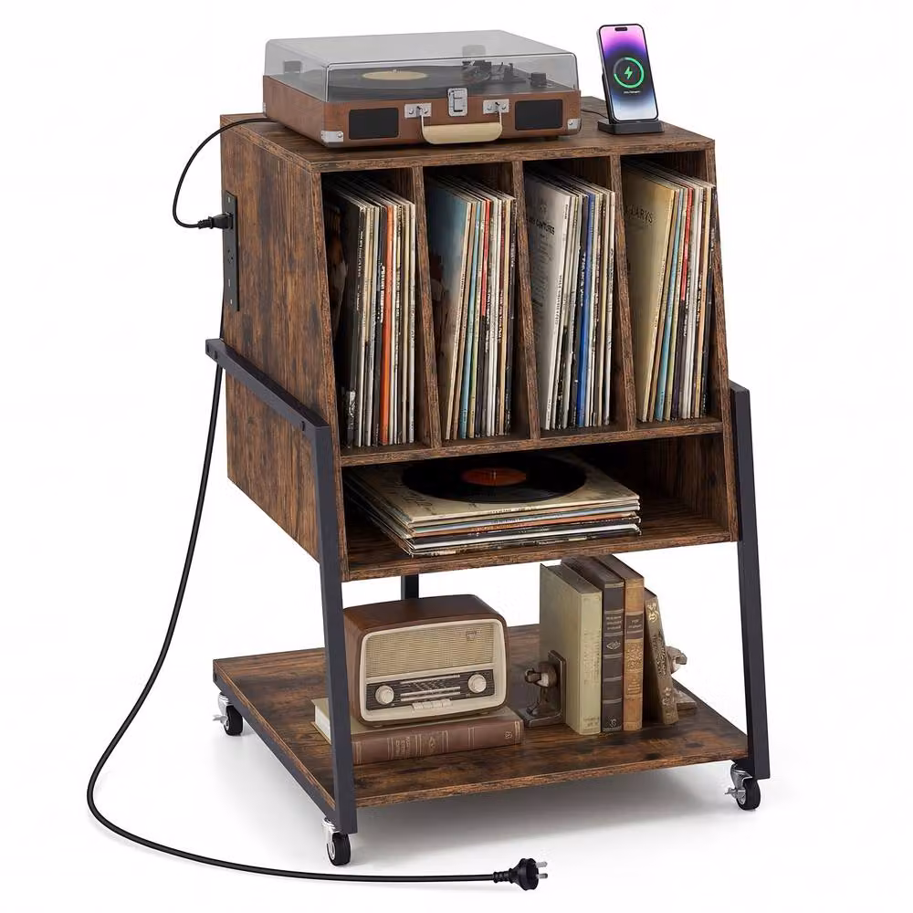 Costway Brown Industrial Record Player Stand with Charging Station and Vinyl Holder – 3