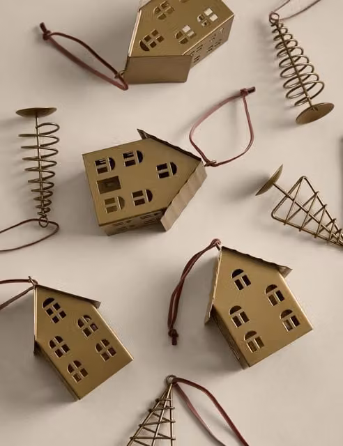 M&S 8 Pack Antique Brass Hanging House and Tree Decorations