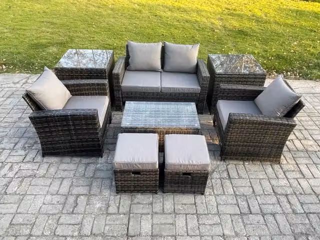 Fimous 6 Seater Dark Grey Rattan Garden Furniture Set with Rectangular Coffee Table and 2 Side Tables