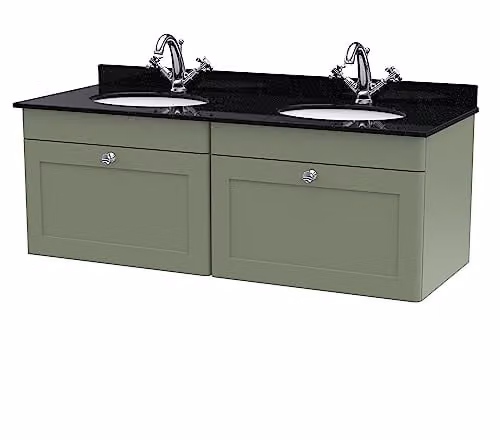 nuie Classique Traditional Wall Hung Double Bathroom Vanity Unit with 2 Drawers, Marble Top and Round Basin, Satin Green and Black, W: 120 cm, D: 47 cm, H: 50.9 cm – 1