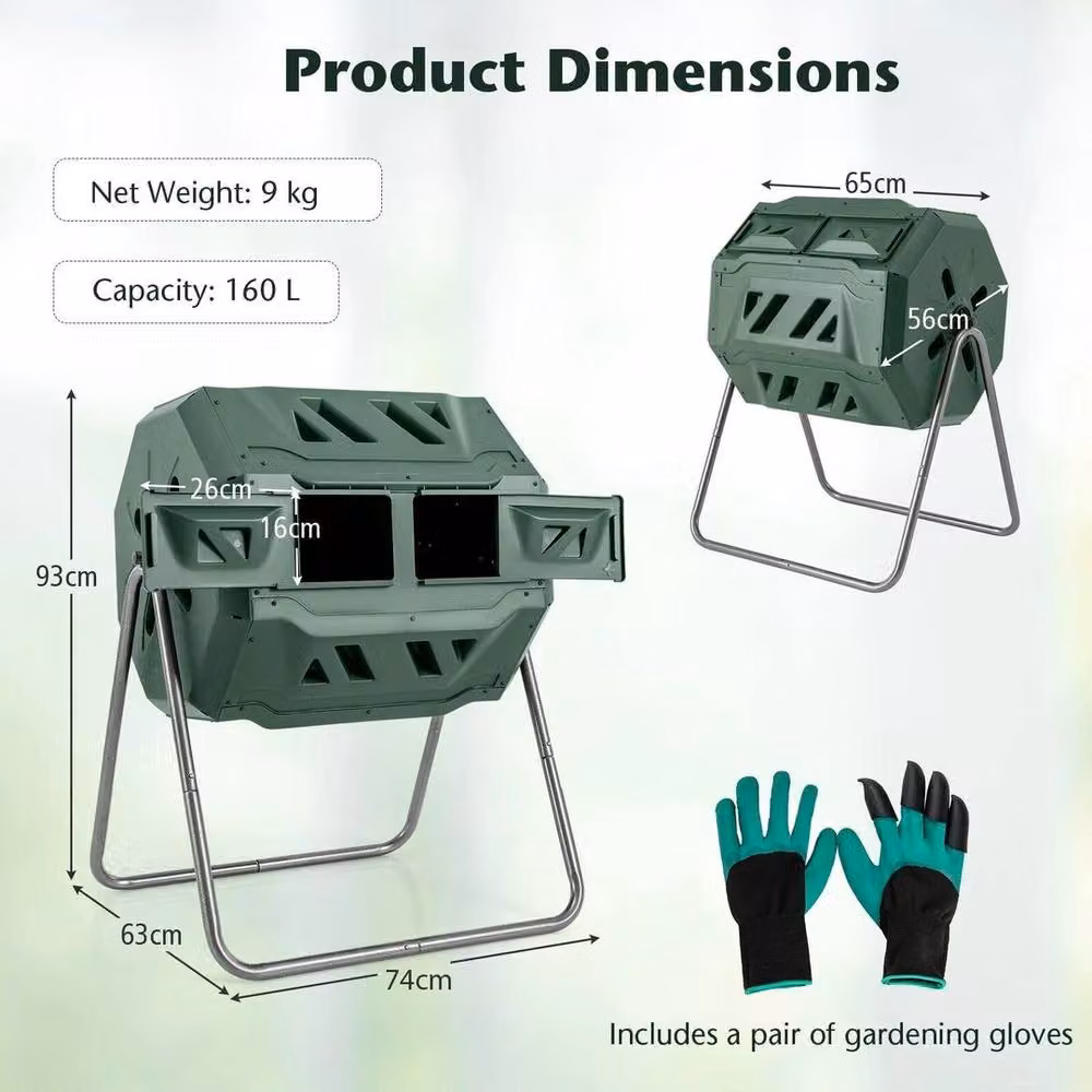 EONLION Dual Chamber Composting Tumbler Compost Bin, 160L, Green – 2