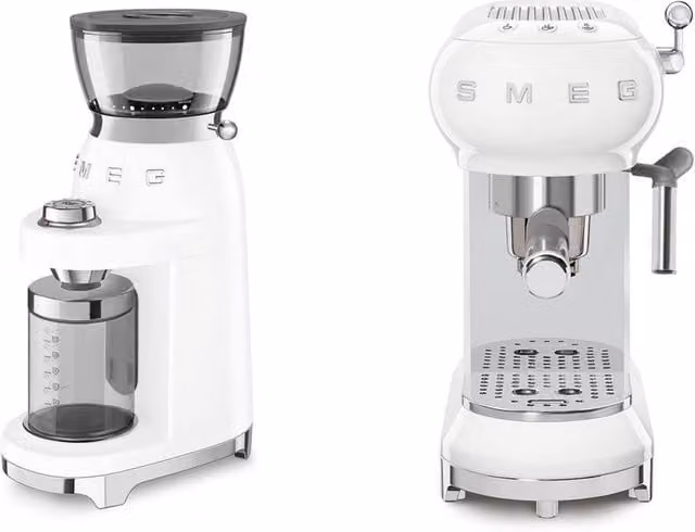 Smeg Espresso Coffee Machine and Coffee Grinder Set in White with Stainless Steel Details