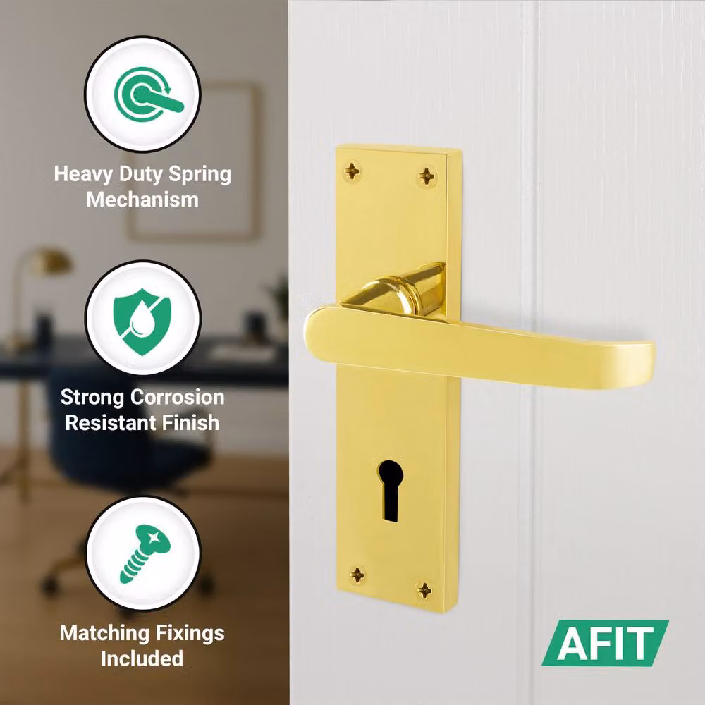 AFIT Polished Brass Lock Door Handle Set with Gold Backplate, 1 Pair, W/H: 15.0 x 15.0 cm – 2