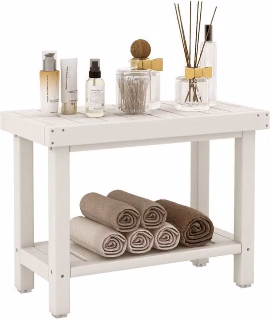 Costway 2-Tier Waterproof Bathroom Shower Bench with Bottom Storage Shelf in White