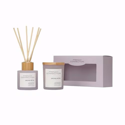 French Connection Pastel Collection Scented Reed Diffuser and Candle Gift Set with Lavender and Cedarwood Fragrance, 100 ml and 141 g