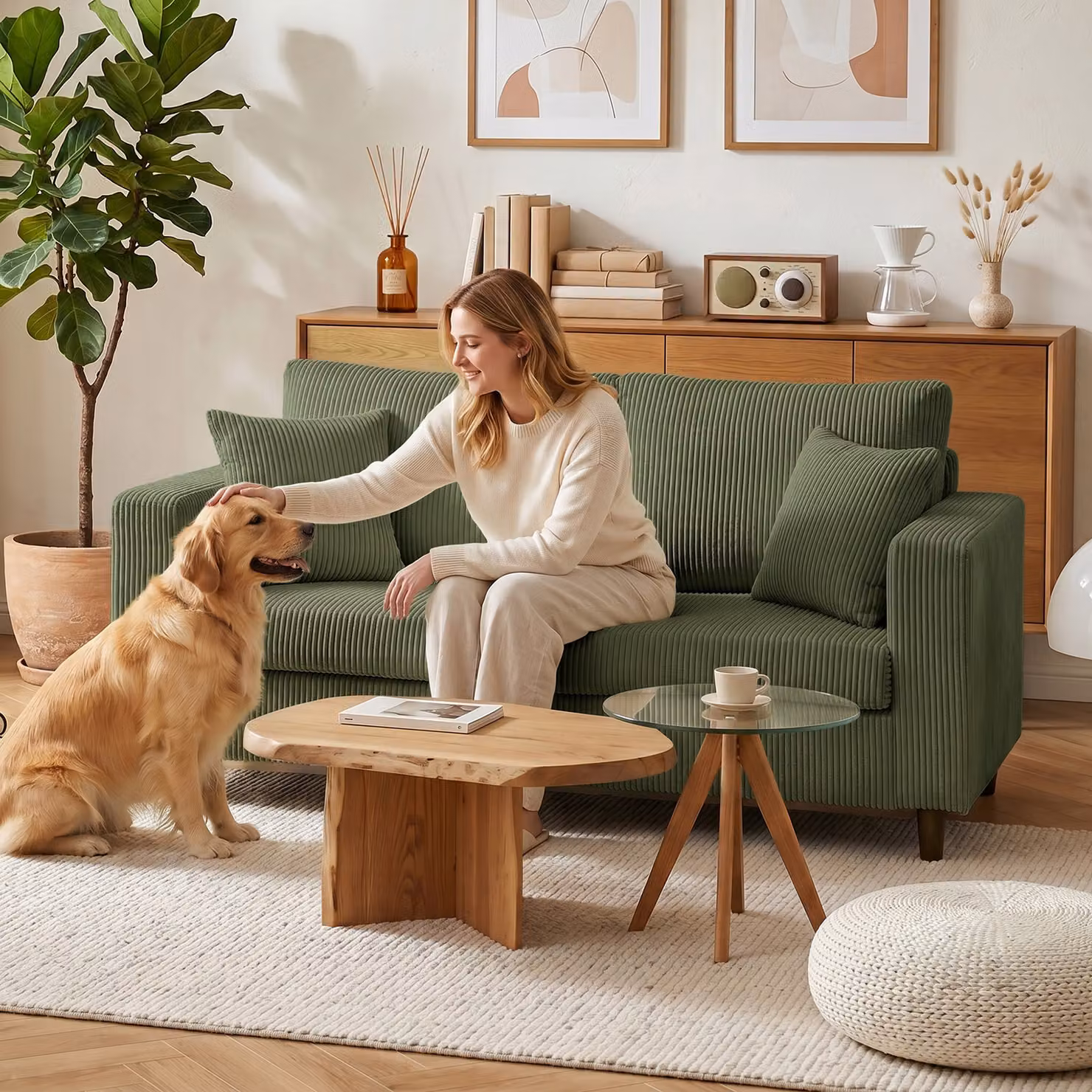 HOMCOM Corduroy 2 Seater Loveseat Sofa in Green with Deep Seats and Scatter Cushions – 6