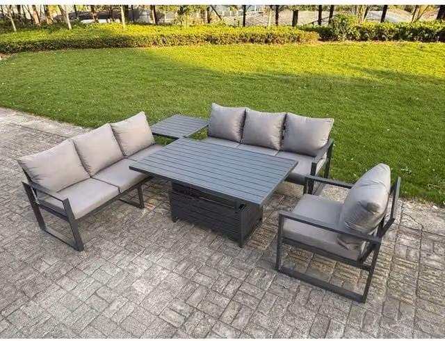 Fimous 7-Seater Aluminum Sofa Dining Set with Lifting Table and Side Table in Dark Grey – 1