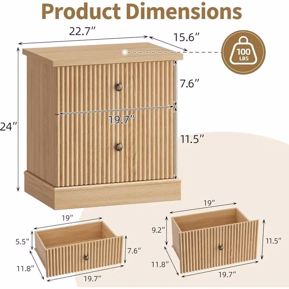 VOGREX Modern 2-Drawer Wooden Bedroom Bedside Cabinet in Light Oak and Brown – 2