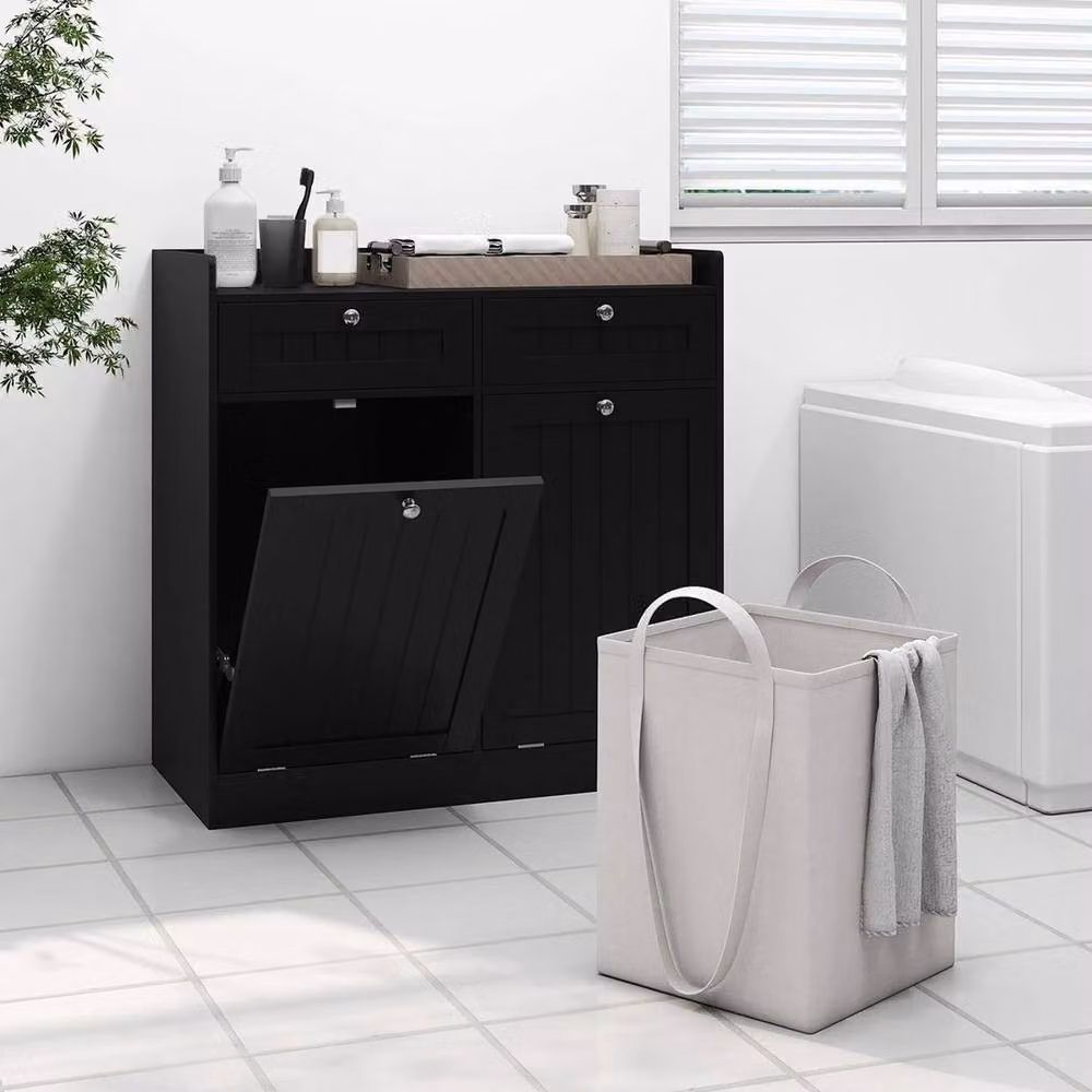 KORVIXA Modern Black Double Tilt-Out Laundry Hamper Cabinet with Internal Drawers and Hinged Doors – 5
