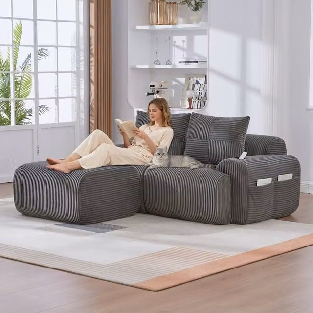 Rolipo Dark Grey Modular 2-Seater Corduroy Sofa with Matching Ottoman and Storage – 1