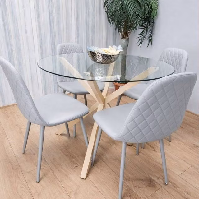 KOSY KOALA Round Glass Dining Table Set with 4 Grey Geometric Pattern Chairs