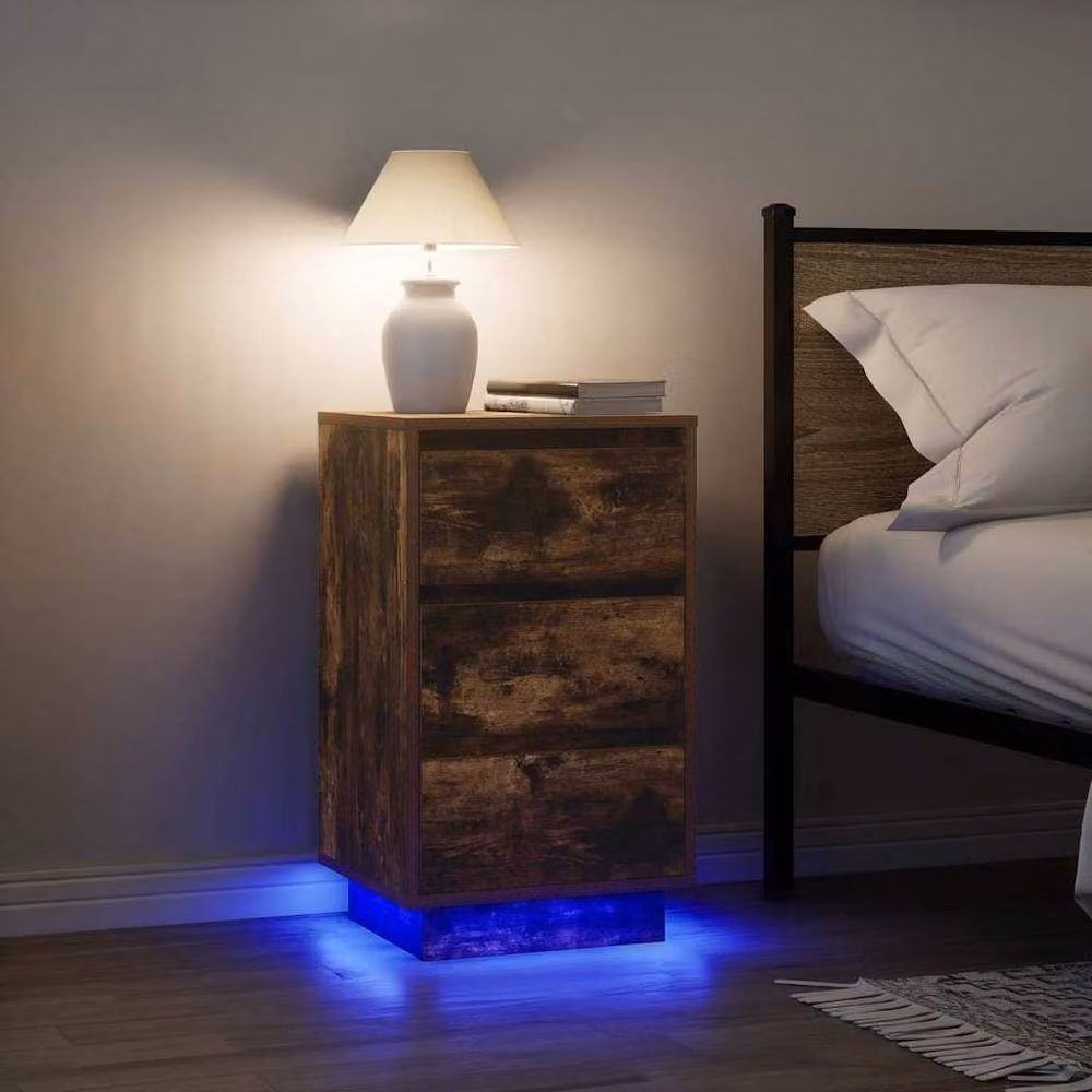 Berkfield Home Durable Bedside Cabinet with Integrated LED Lights in Smoked Oak, W/D/H: 38 x 34 x 65 cm – 2