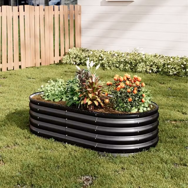 Lifeideas Oval Metal Raised Flower Bed with Support Rod in Anthracite