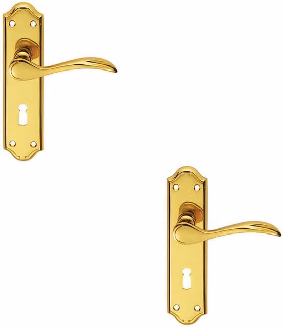 Loops 2x Pair Curved Door Handle Lever on Lock Backplate, Polished Brass, W: 18 cm, H: 4.5 cm