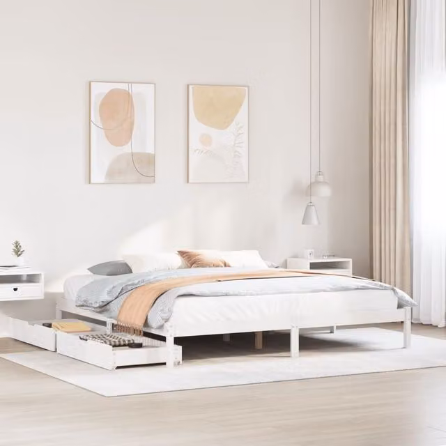 Berkfield Home White Solid Pine Bed Frame with Drawers, W/D/H: 200 x 200 cm