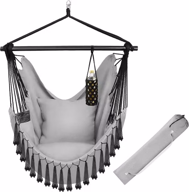 tectake Malika Boho Style Hanging Chair with Stand in Grey – 1