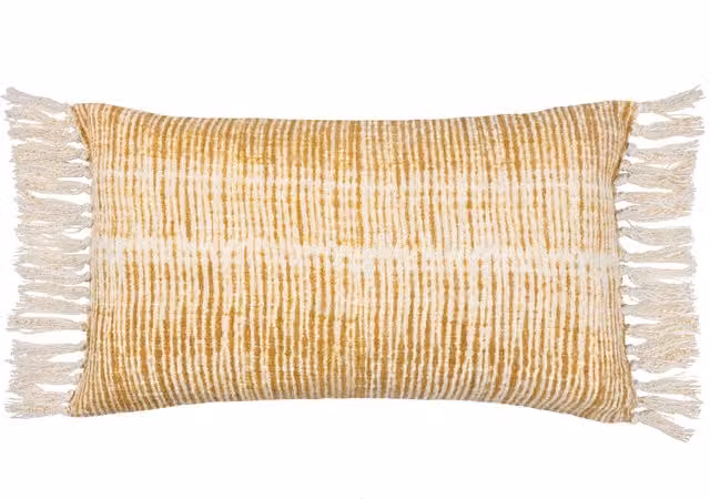 Make it a Home Sono Ink Abstract Fringed Rectangular Cushion in Cumin Brown and Yellow with Polyester and Feather Filling